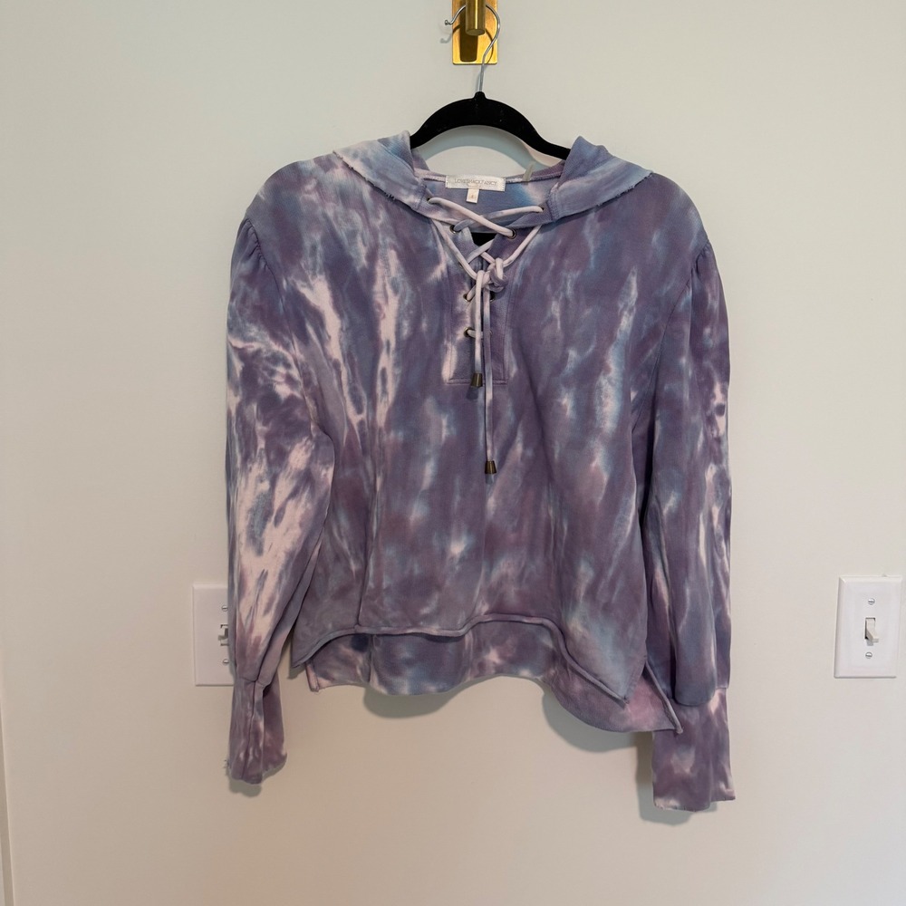 LoveShackFancy Tie Dye Lace Up Hoodie Purple Blue Puff Sleeve Sweatshirt S